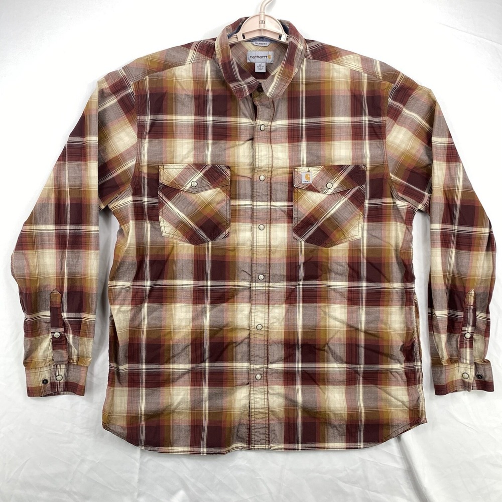 Carhartt Shirt Mens XL Maroon Plaid Relaxed Fit Long Sleeve Pearl Snap Western